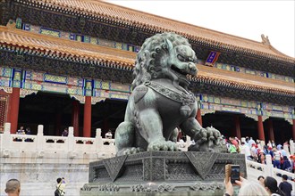 China, Beijing, Forbidden City, UNESCO World Heritage Site, A traditional stone sculpture of a lion