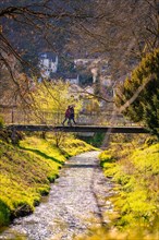Two people meeting on a bridge over a river, spring, Calw, Black Forest, Germany, Europe
