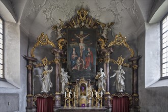 Historic Lenten cloth in front of the main altar, made in 1726, Ochsenfurt-Hohestadt, Lower