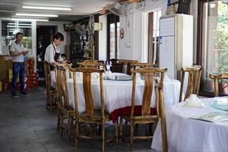 Excursion to Zhujiajiao Water Village, Shanghai, China, Asia, Empty restaurant with wooden tables