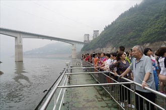 Cruise ship on the Yangtze River, Hubei Province, China, Asia, tourists stand at the railing of a