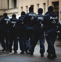 Police officers from a police squad run through the rain, taken during a demonstration in Berlin,