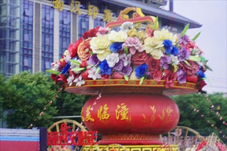 Xian, Shaanxi, China, Asia, Colourful flower arrangement at a Chinese festival, Asia