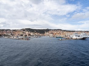 View from the sea, harbour and town of Maddalena, panoramic view, Isola La Maddalena, Sardinia,