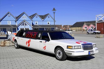 List, harbour, Sylt, North Frisian island, A white stretch limousine with eye-catching red GOSCH