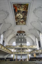 Organ loft and ceiling frescoes, Holy Trinity Church, Kaufbeuern, Allgaeu, Swabia, Bavaria,