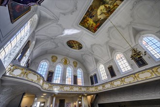 Gallery and ceiling frescoes, Holy Trinity Church, Kaufbeuern, Allgaeu, Swabia, Bavaria, Germany,
