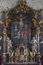 Historic Lenten cloth in front of the high altar, St John the Baptist, Ochsenfurt-Hohestadt, Lower