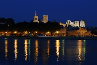 Papal Palace and Notre-Dame des Doms Cathedral at night, Avignon, Vaucluse, Provence-Alpes-Cote