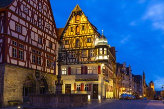 St George's Fountain in front of the Marienapotheke, Blue Hour, Rothenburg ob der Tauber, Middle