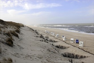 Beach near Wenningsstedt, Sylt, North Frisian Island, Beach landscape with beach chairs along sand