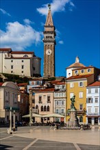 Tartini Square with Gothic patrician house, Benecanka, Venetian house, harbour town of Piran on the