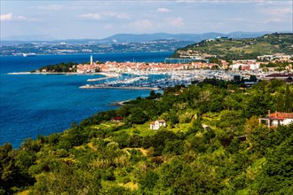 Panoramic view of the Izola peninsula, harbour town of Izola, on the Adriatic coast, Slovenia,