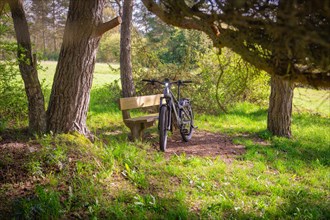 A mountain bike leaning near a bench in a peaceful forest, spring, e-bike forest bike, Gechingen,