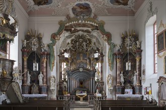 Chancel with Holy Sepulchre, behind it the historic Lenten cloth, St Wendelin, Kirchenweg 8,