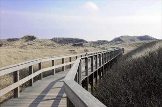 Sylt, North Frisian Island, Schleswig Holstein, Wooden walkway leads through sand dunes under a
