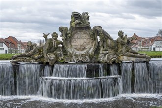 Large cascade, water features in front of Ludwigslust Palace in the palace park, Ludwigslust,