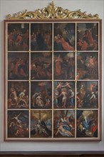 Historic Lenten cloth, designed and framed with 16 pictures, St Martin, Tauberbischofsheim,