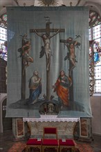 Historic Lenten cloth in front of the high altar, created around 1890, St Laurentius Church,