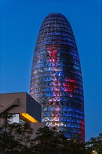 The Torre Glories office building and the Disseny Hub museum at blue hour n Barcelona, Spain,