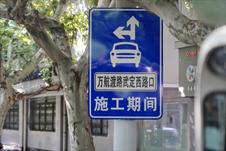 A traffic sign with arrows and Chinese characters in front of a tree, Shanghai, People's Republic