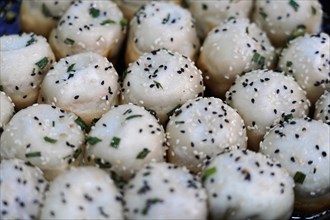 Shanghai, China, Asia, Close-up of Asian glutinous rice balls with sesame and spring onions,
