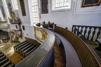 Gallery and pulpit, Dreifaltigkeitskirche, Kaufbeuern, Allgaeu, Swabia, Bavaria, Germany, Europe