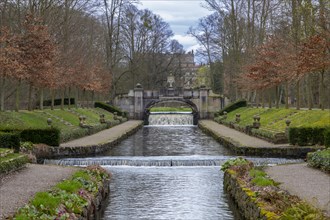 Canal with water features in the castle park, Ludwigslust, Mecklenburg-Vorpommern, Germany, Europe