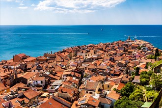 View from the bell tower over Piran, harbour town of Piran on the Adriatic coast with Venetian