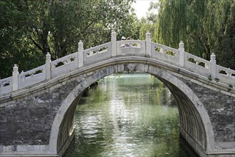 New Summer Palace, Beijing, Beijing, China, Asia, Traditional Chinese arch bridge over a lake with