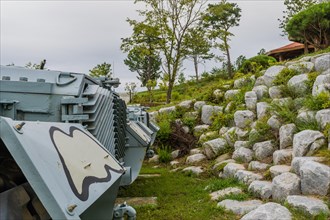 Rear view of military tanks in camouflage paint on display in public park near Nonsan, South Korea,