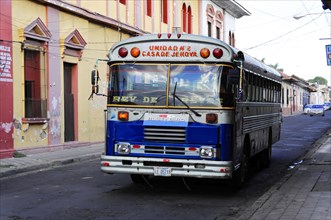 Leon, Nicaragua, Old blue bus parked on the street in a Central American city, Central America,