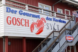 Logo Gosch Sylt on the back of the restaurant, harbour of List, North Sea island of Sylt, North