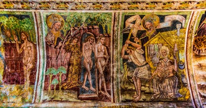 Displacement from Paradise, barrel vault with the story of the creation, Gothic frescoes from 1490,