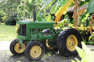 Ometepe Island, Nicaragua, A classic green tractor parked next to tropical plants, Central America,