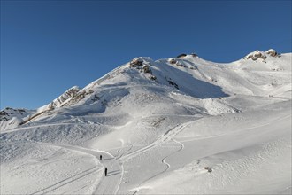 Ski area below the Nebelhorn summit (2224m), Oberstdorf, Allgaeu, Swabia, Bavaria, Germany,