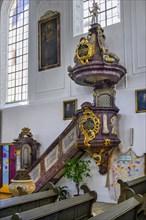The pulpit, Holy Trinity Church, Kaufbeuern, Allgaeu, Swabia, Bavaria, Germany, Europe