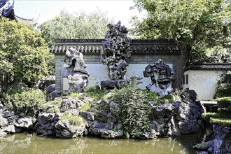 Excursion to Zhujiajiao Water Village, Shanghai, China, Asia, rock garden with traditional