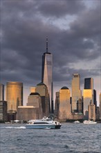 Manhattan skyline with One World Trade Centre at sunset, New York City, New York State, USA, New