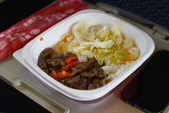 Express train CRH380 to Yichang, A tray with a rice dish, vegetables and meat inside the train,