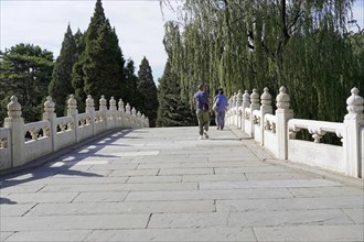 New Summer Palace, Beijing, China, Asia, Two people walking across a bridge with white railings
