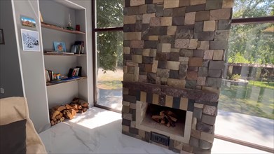 Interior of a modern house, fireplace made of stone and wood