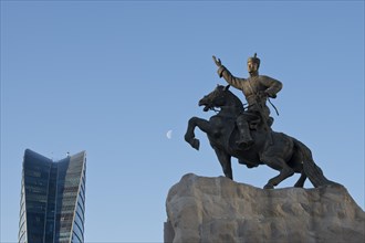 Blue Sky Tower and statue of Damdin Suekhbaatar on Sukhbaatar Square, Chinggis Square in the