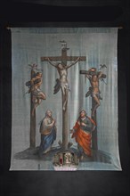 Historic Lenten cloth in front of the high altar, created around 1890, St Laurentius Church,
