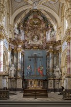 Historic Lenten cloth, around 1750, in front of the altar, St Roch's Monastery Church, Ebrach,