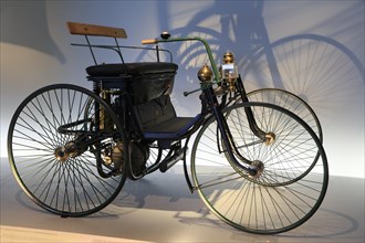 Daimler Motor-Quadricycle steel-wheeled carriage from 1891, Mercedes-Benz Museum, Stuttgart,