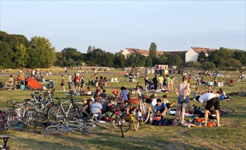 Visitors at Tempelhofer Feld. An urban park landscape is developing on the former airport, Berlin,