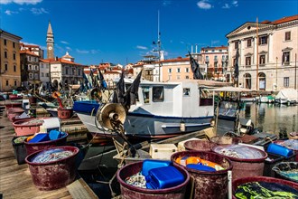 Harbour basin with fishing port, harbour town of Piran on the Adriatic coast with Venetian flair,