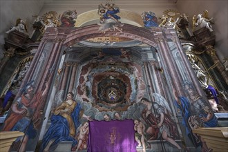 Holy Sepulchre, created in 1764, in front of the altar of St Bartholomew's Church, Kleineibstadt,