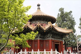 China, Beijing, Forbidden City, UNESCO World Heritage Site, Round red pavilion with rich decoration
